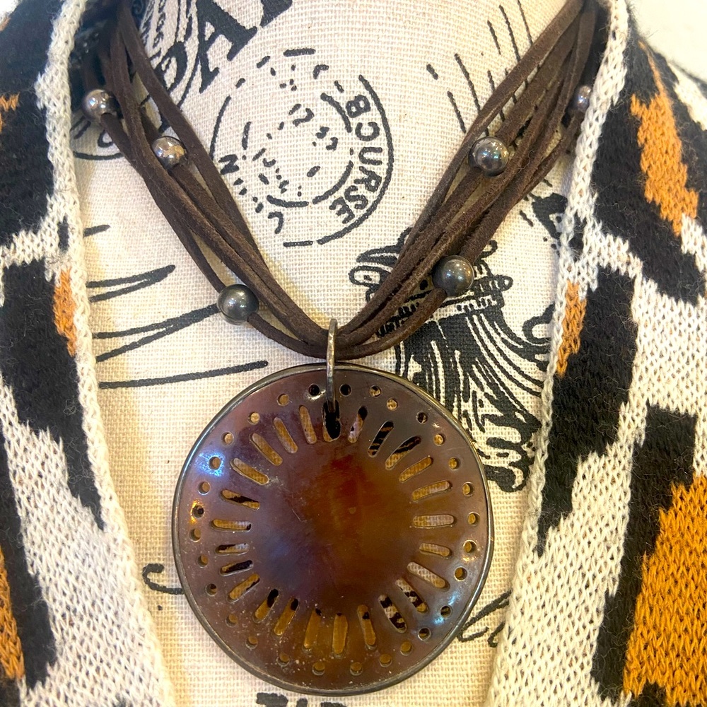 Silpada pendant necklace suede with silver tone beads and 2 1/2 “ brown pendant